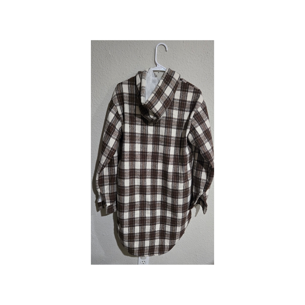 Brown and white plaid fleece-lined hooded shirt jacket, size S/M - Picture 3 of 6
